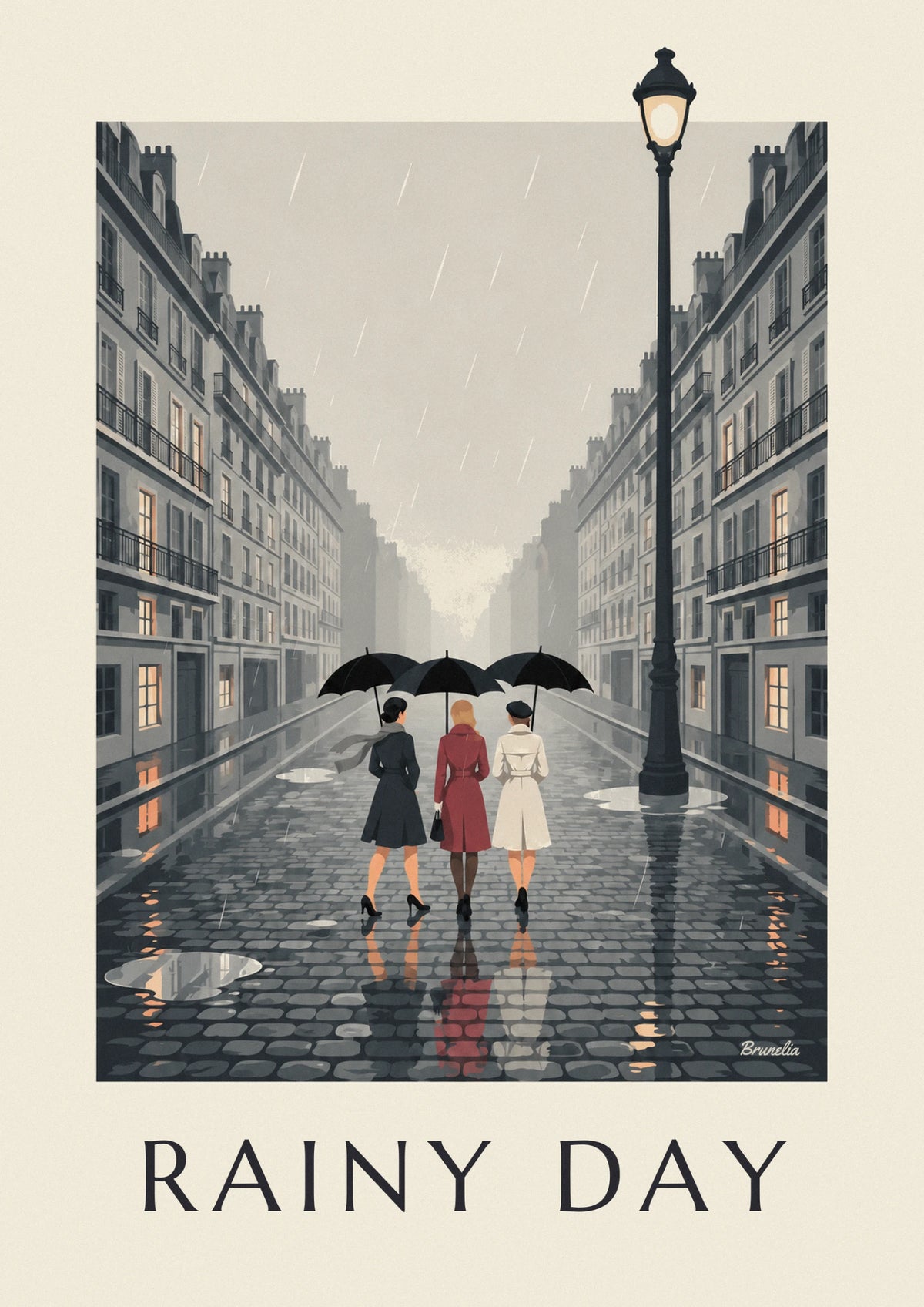 Poster 3 Frauen im Regen mit schwarzen Regenschirmen