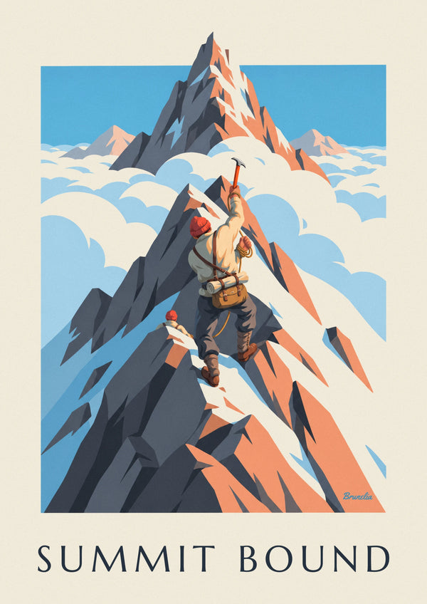 Affiche alpiniste sur une arête rocheuse vers le sommet