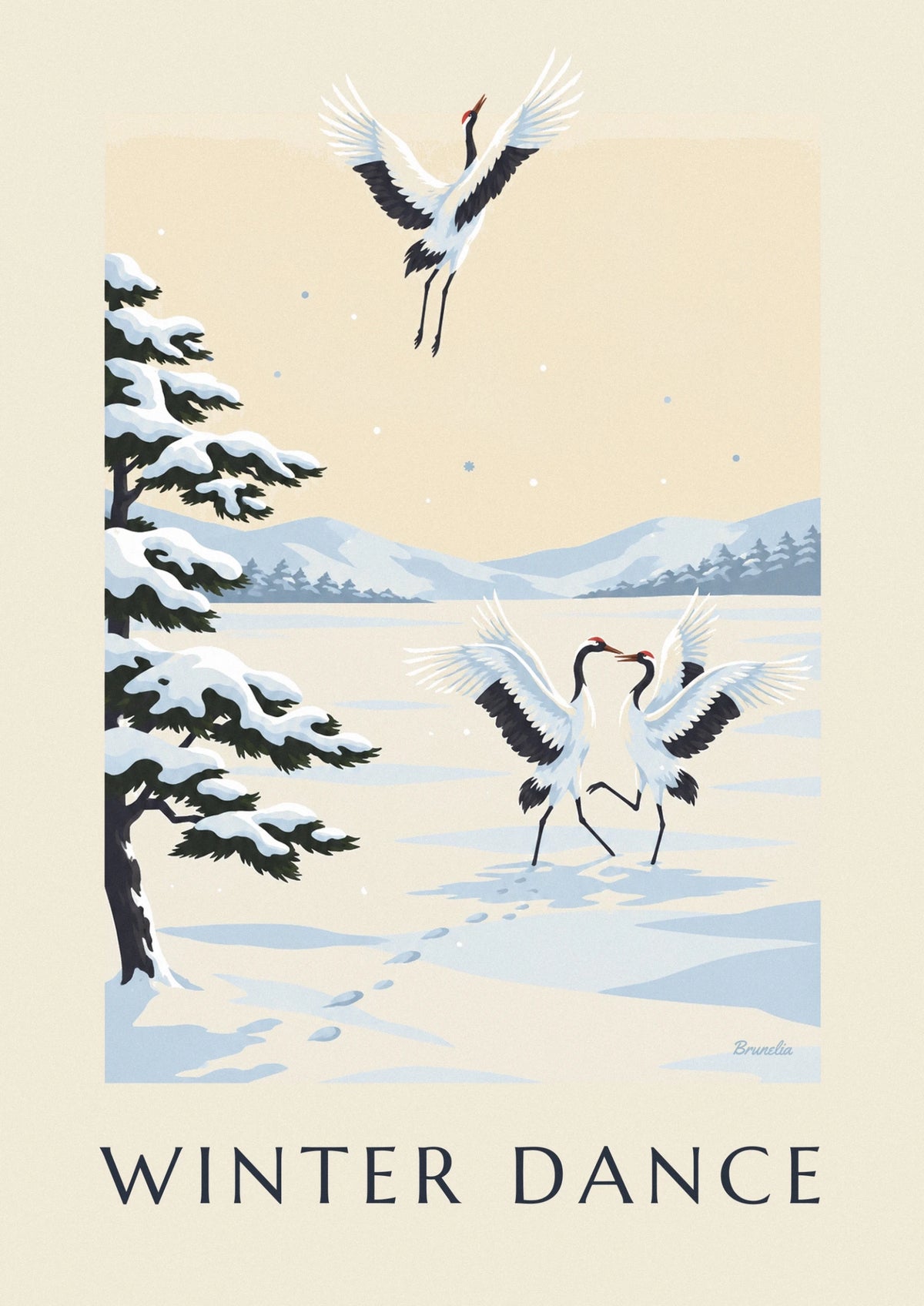 Poster tanzende Kraniche in Japan im Schnee