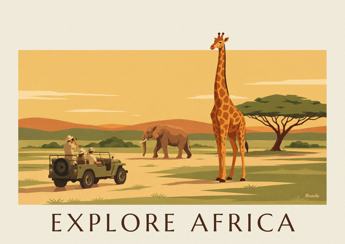 Poster Safari in Afrika mit Elefant, Giraffe und Akazie
