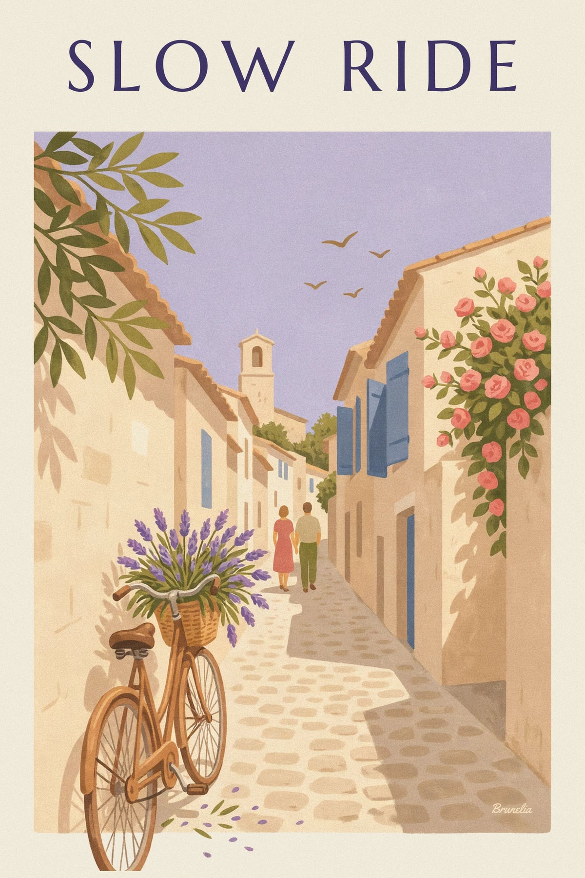 Poster Fahrrad und Lavendelkorb in einer Gasse eines provenzalischen Dorfs