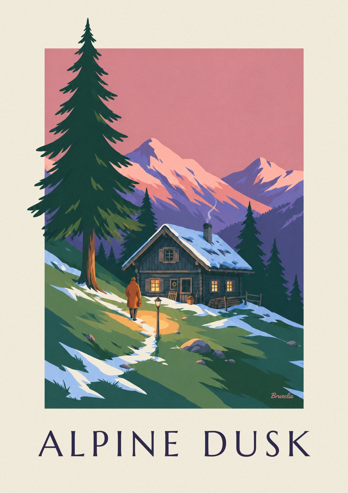 Poster Chalet in einem Alpental in der Dämmerung