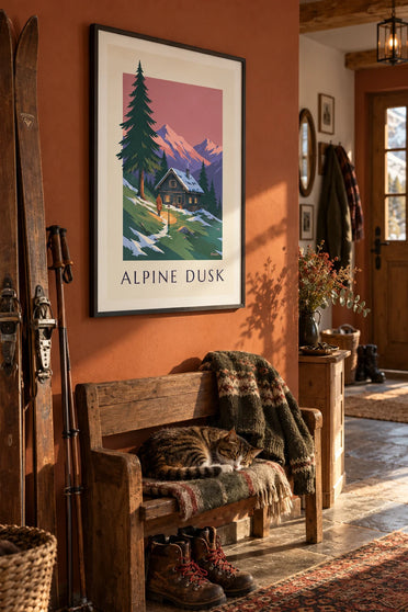 Poster Chalet in einem Alpental in der Abenddämmerung: gerahmt an der Wand