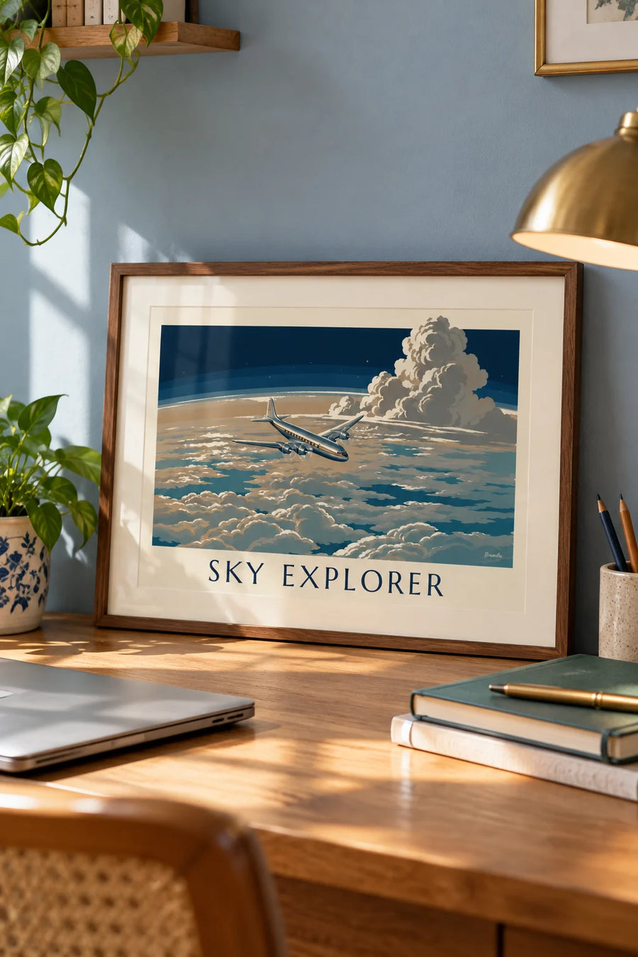Affiche avion de ligne au-dessus d'une mer de nuages : petit format A4 encadré
