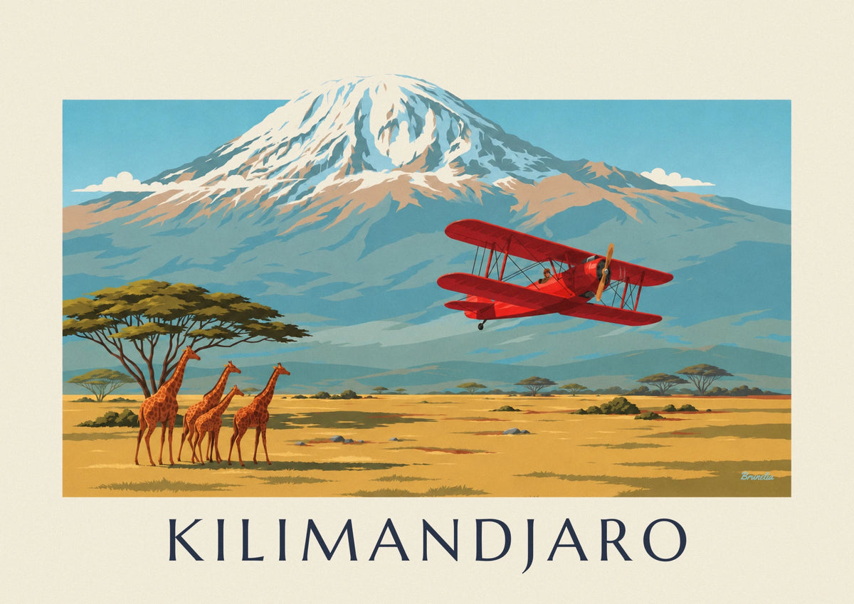 Affiche biplan survolant la savane et le Kilimandjaro