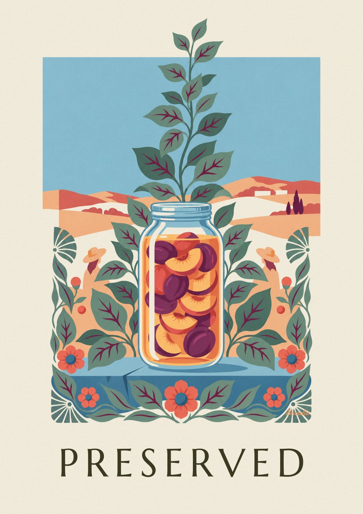 Poster Einmachglas mit Früchten und Blattdekor