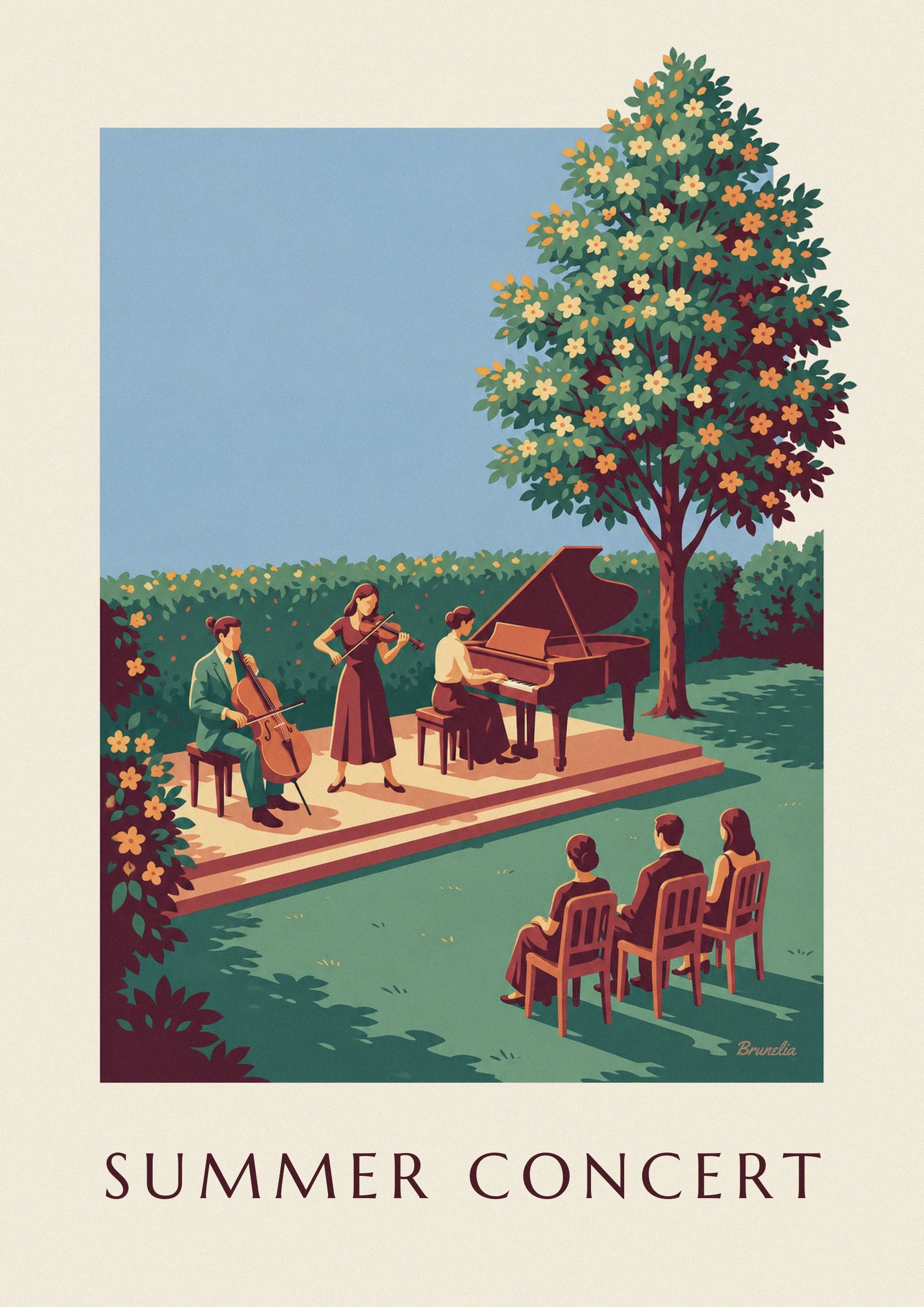 Affiche trio de musique classique en concert d'été en plein air : détail en gros plan