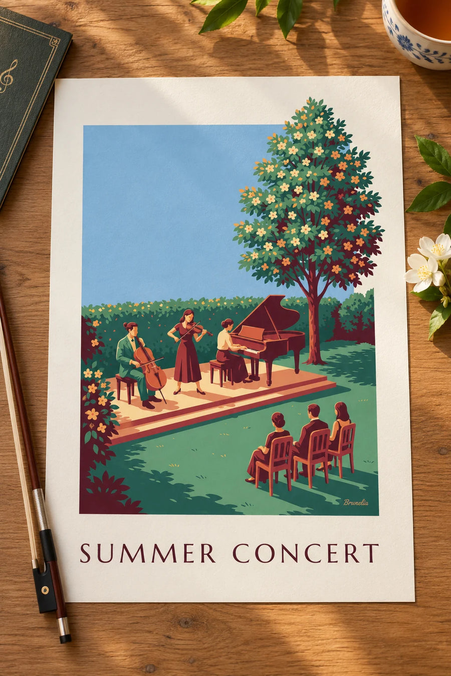 Affiche trio de musique classique en concert d'été en plein air : posée sur une table