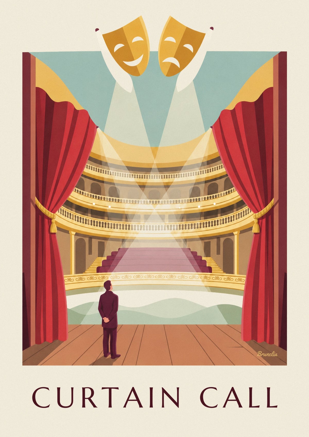 Theater stage with red curtains and golden masks poster