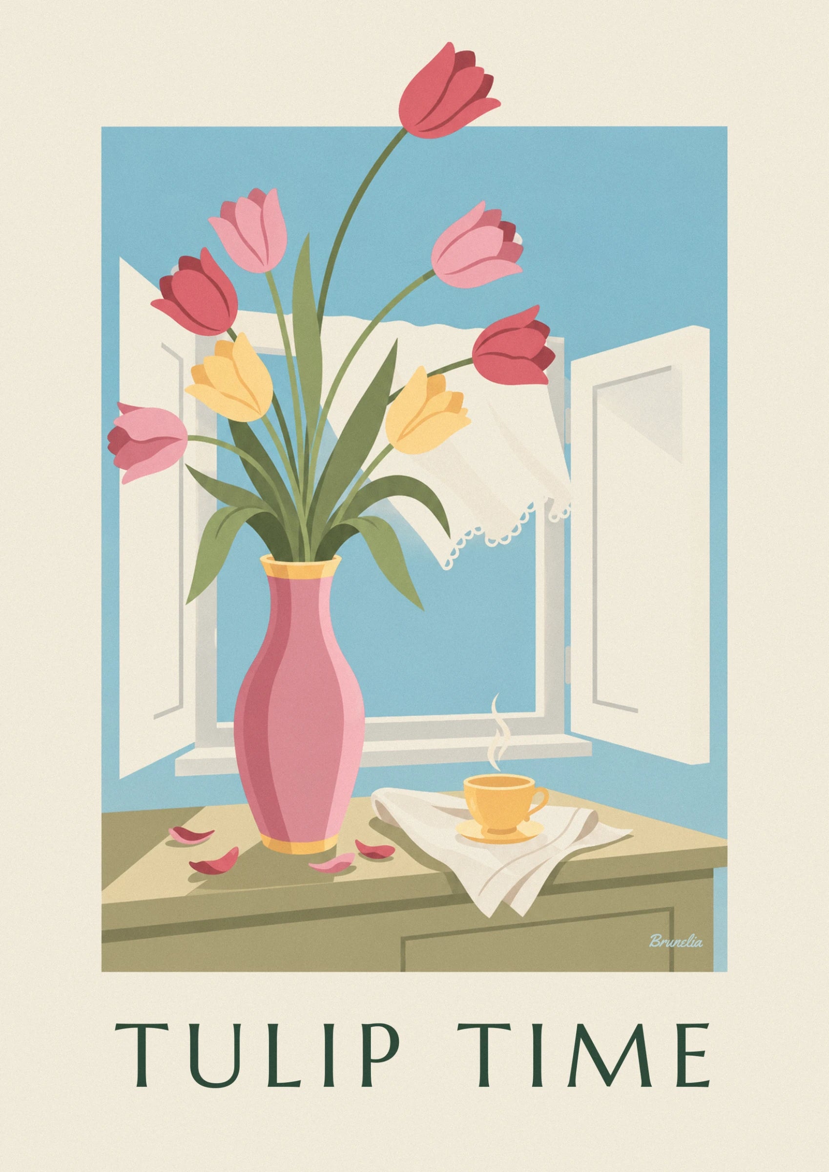 Die rosa, roten und gelben Tulpen in ihrer rosa Vase, vor dem geöffneten Fenster