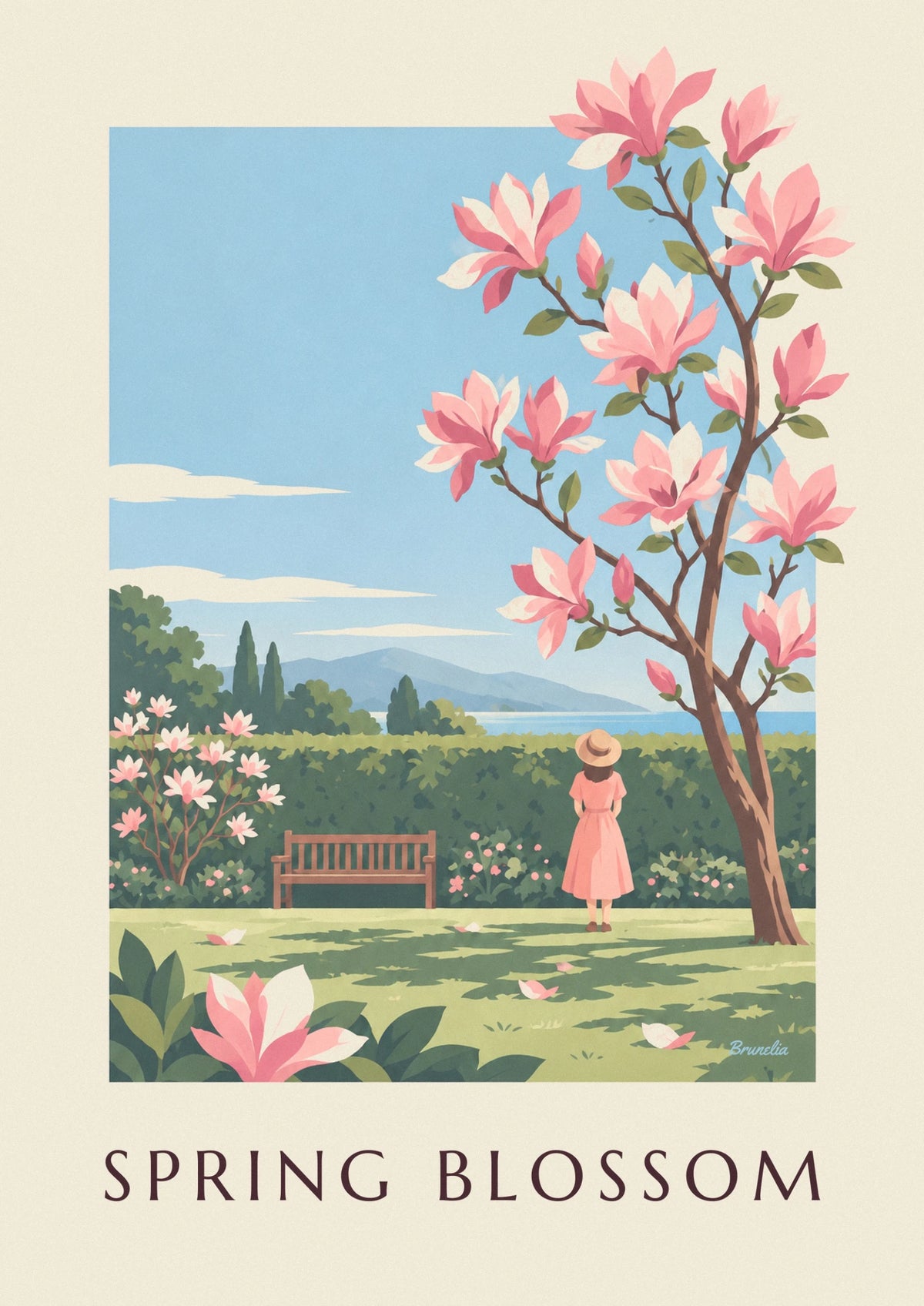 Poster Magnolienzweig mit rosa Blüten im Frühling