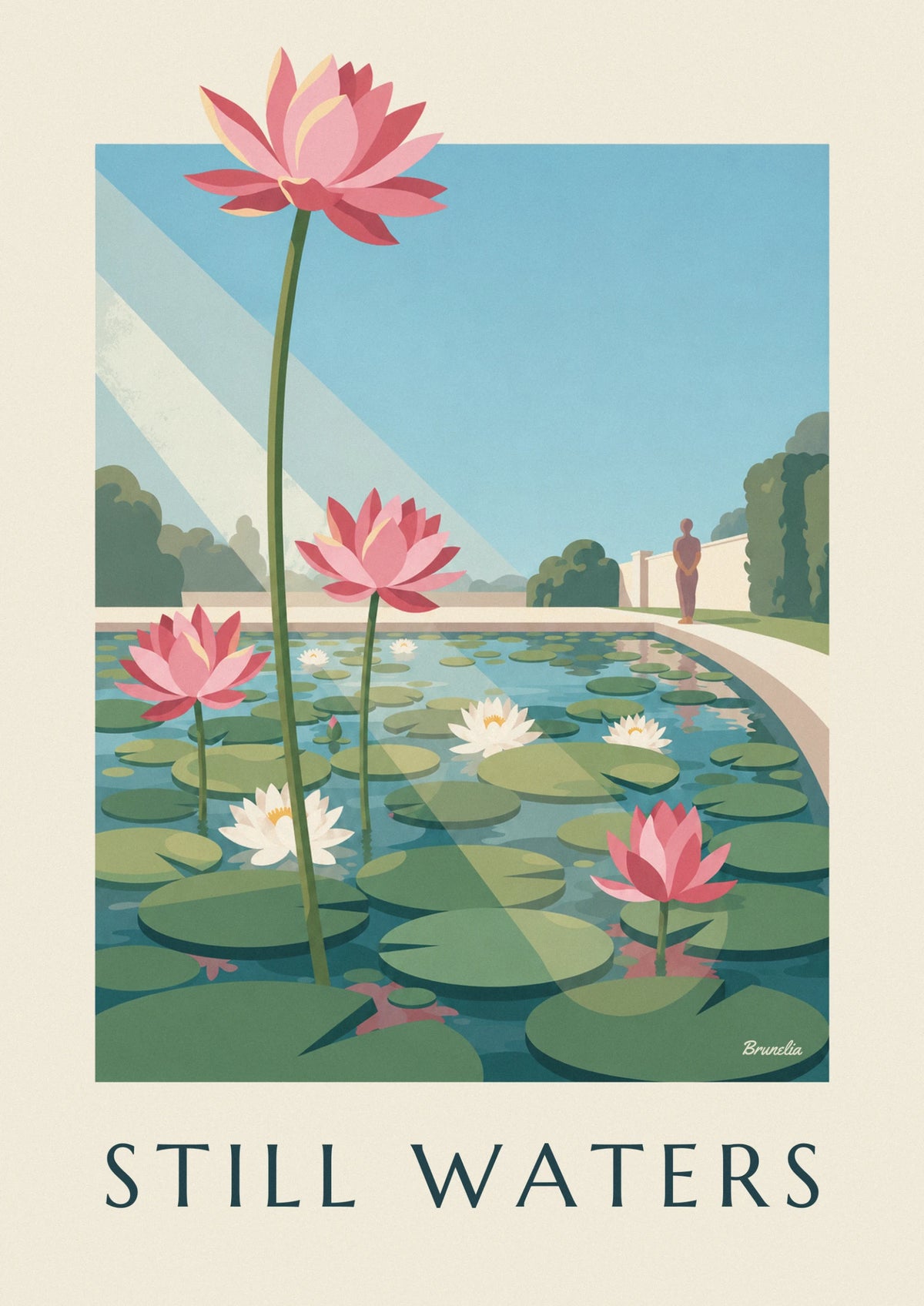 Affiche bassin de nénuphars et fleurs de lotus roses