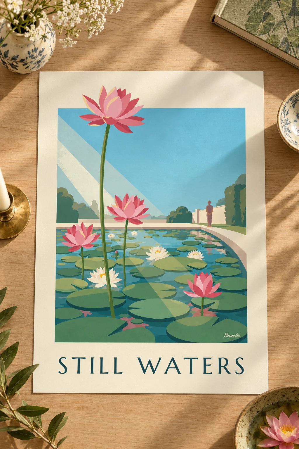 Schlafzimmer: Poster Seerosenteich und rosa Lotusblumen im Raum