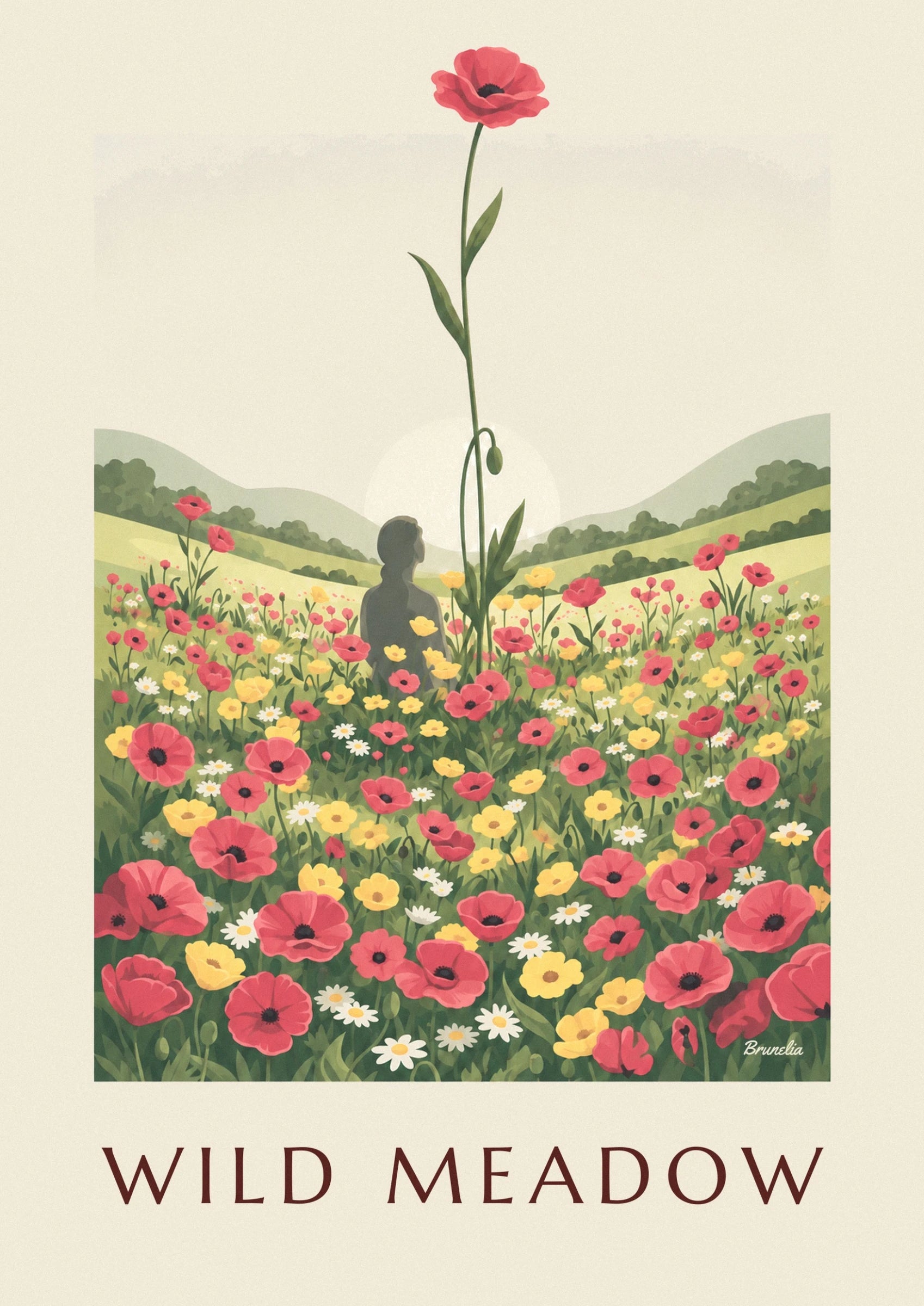 Eine rote Mohnblume mit dunkler Mitte auf langem Stiel mit grünen Blättern
