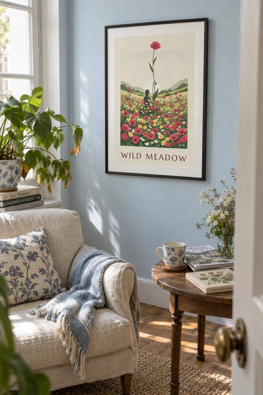 Poster Mohnwiese und Wildblumen in der Sonne: gerahmt an der Wand