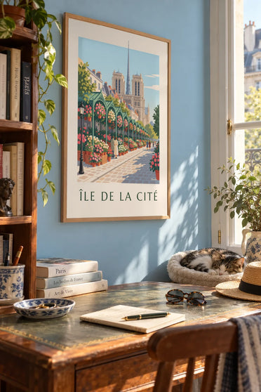 Affiche marché aux fleurs de l'île de la Cité et Notre-Dame : encadrée au mur