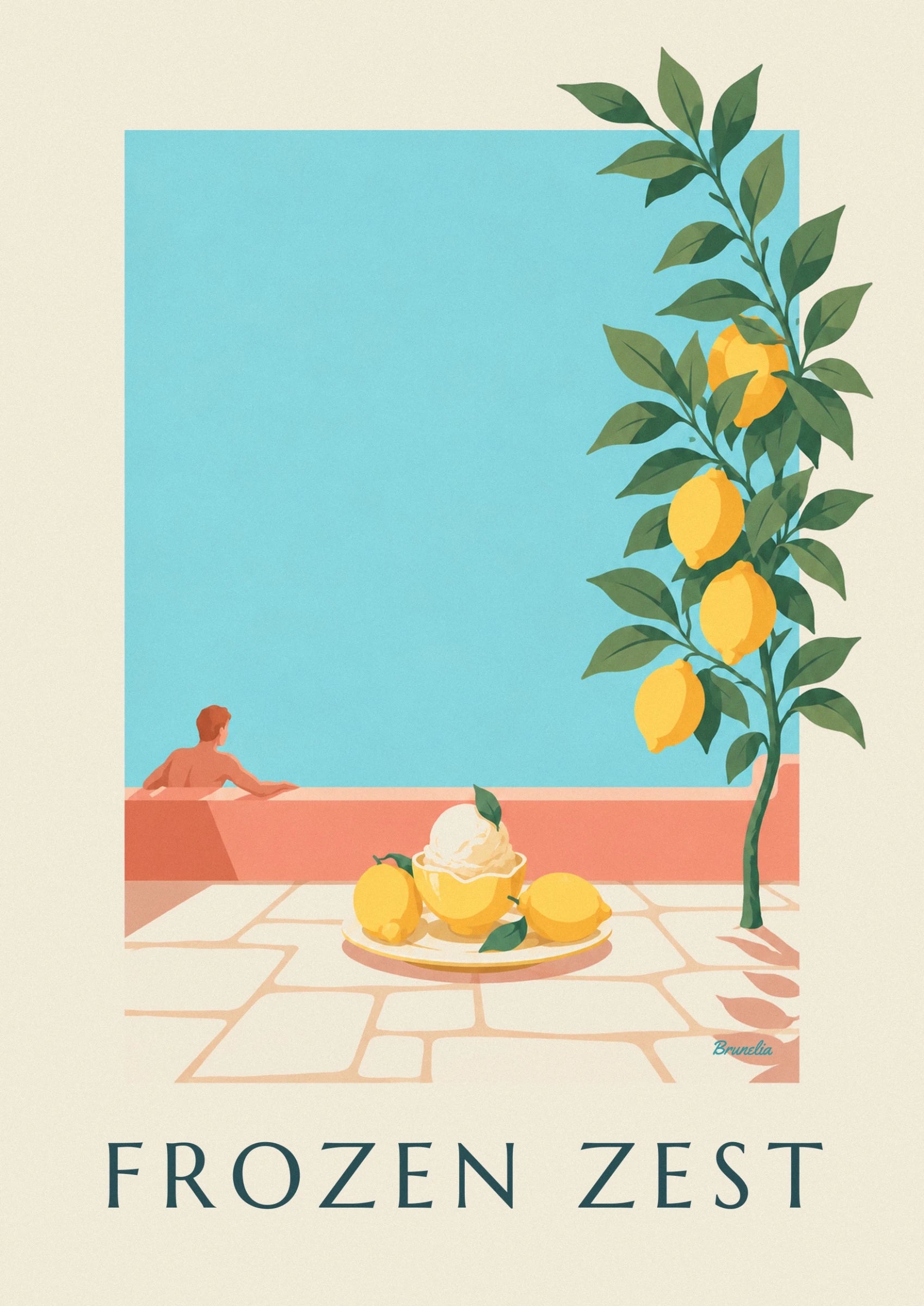 The sorbet in its lemon shell, surrounded by 2 lemons on a plate