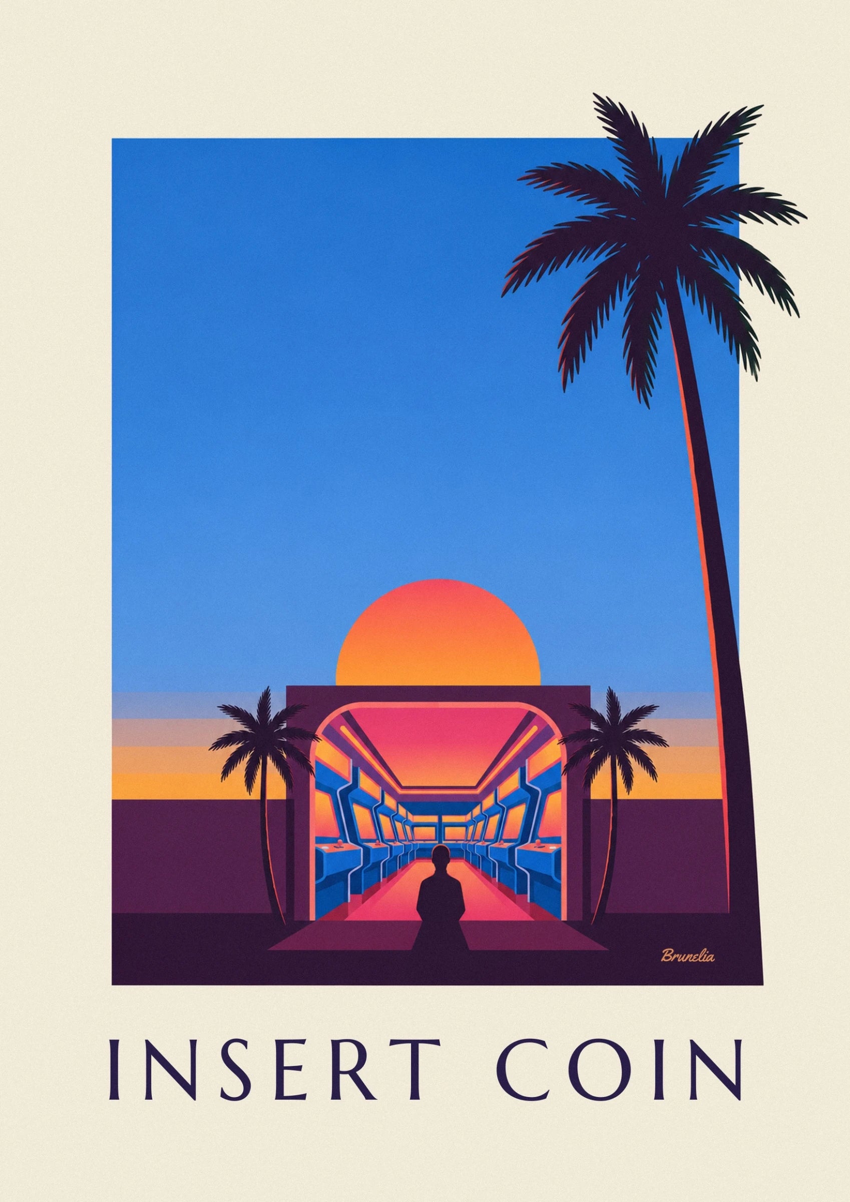 Poster Arcade-Halle mit Neonlichtern und Sonnenuntergang: Detail in Nahaufnahme