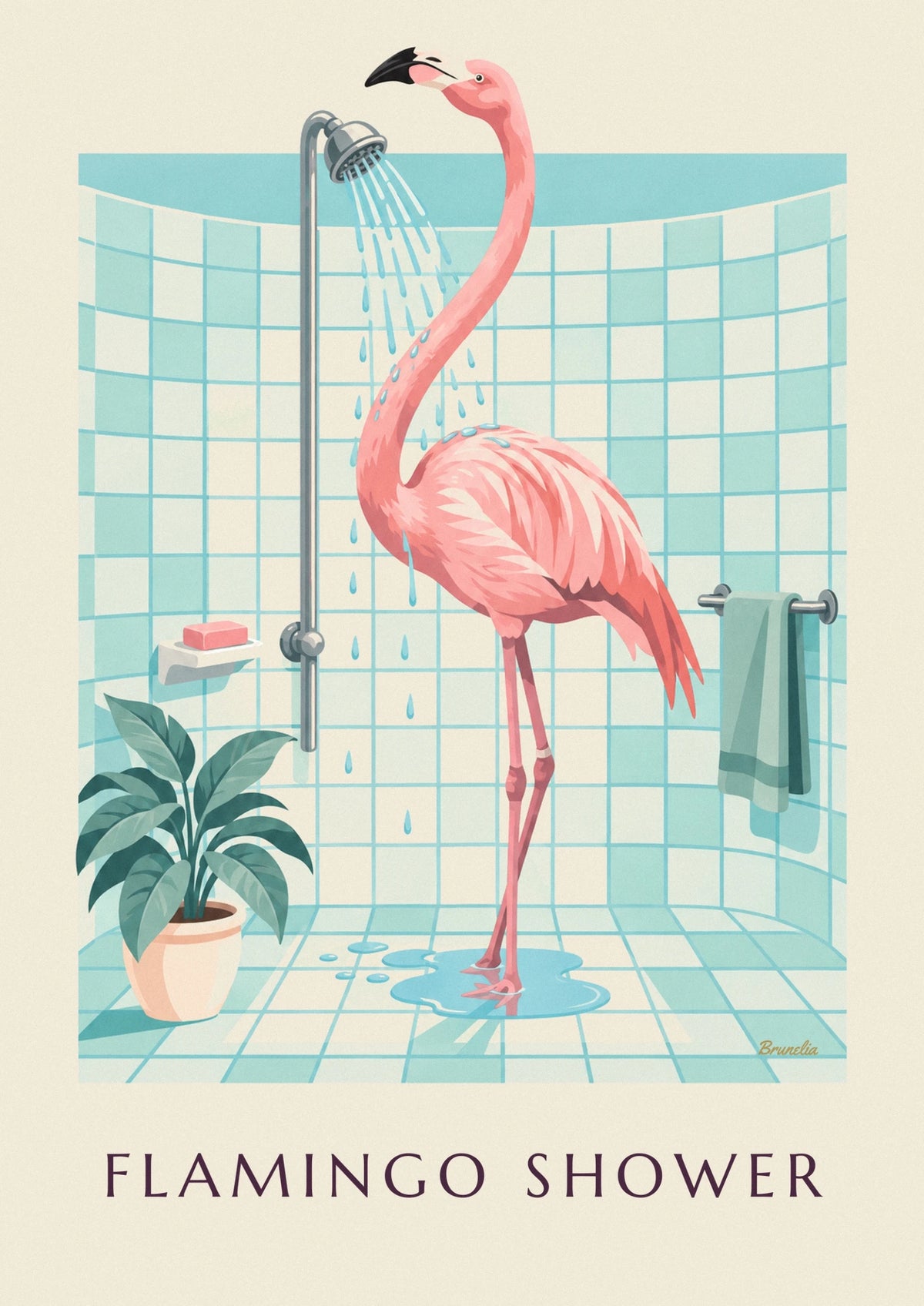 Flamingo in the bathroom shower poster