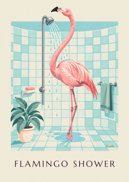 Poster rosa Flamingo unter der Dusche im Badezimmer: das ganze Poster