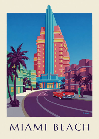 Poster Fassaden am Ocean Drive in Miami Beach zur blauen Stunde: das ganze Poster