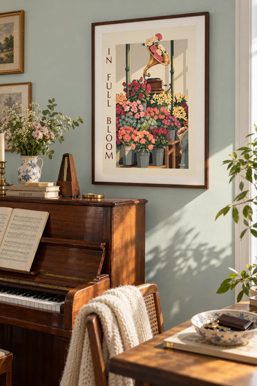 Poster Grammophon mit Blumen an einem Blumenmarktstand: gerahmt an der Wand