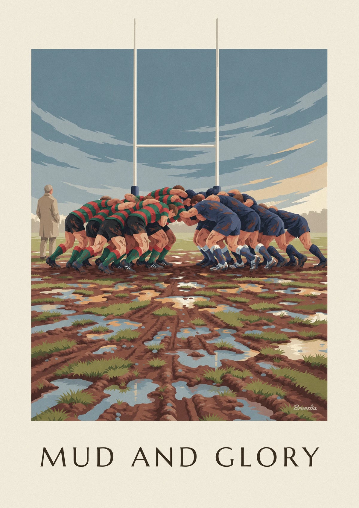 Affiche mêlée de rugby dans la boue sous un ciel de pluie
