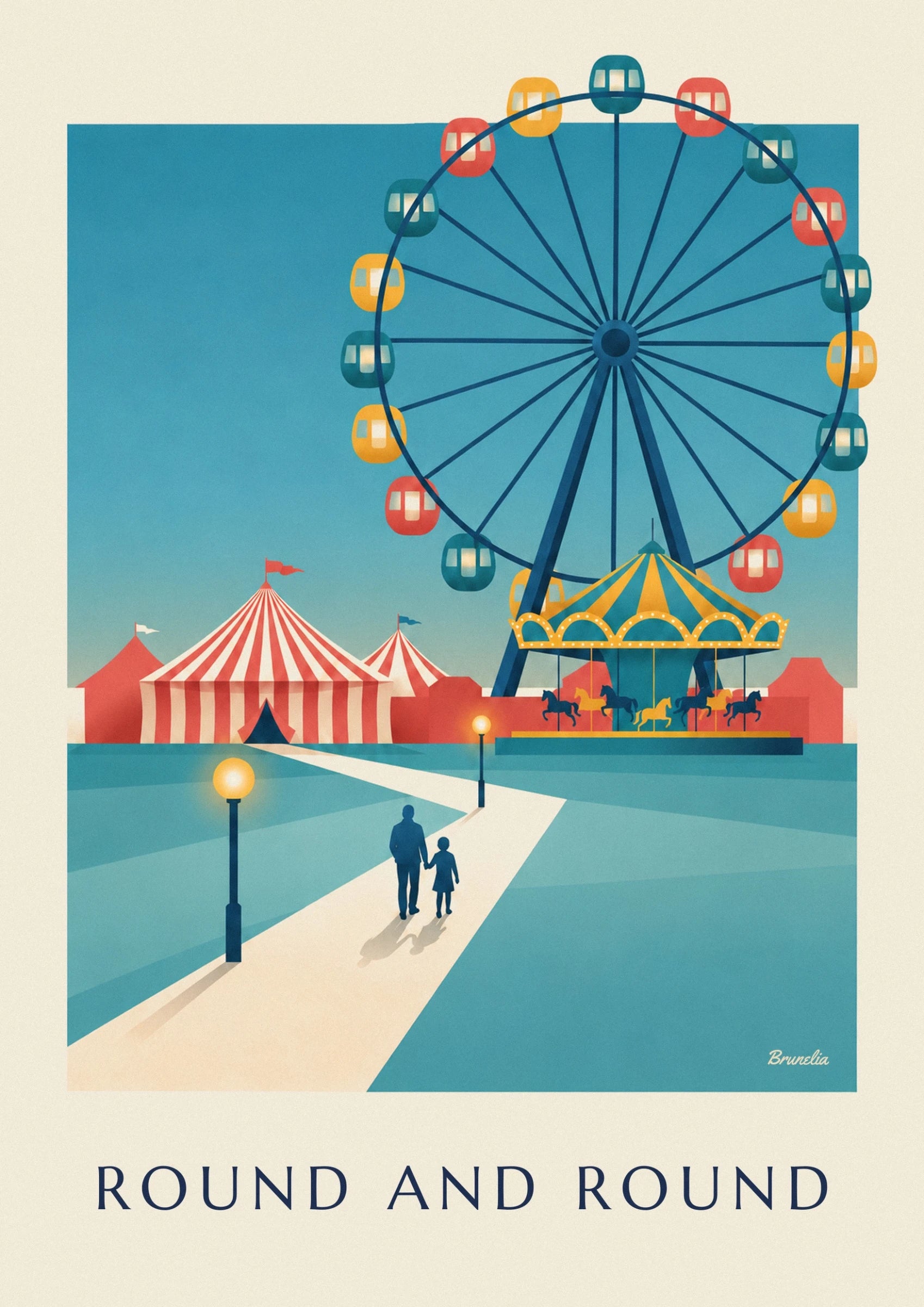 Das Riesenrad mit roten, gelben und türkisfarbenen Gondeln über dem Karussell