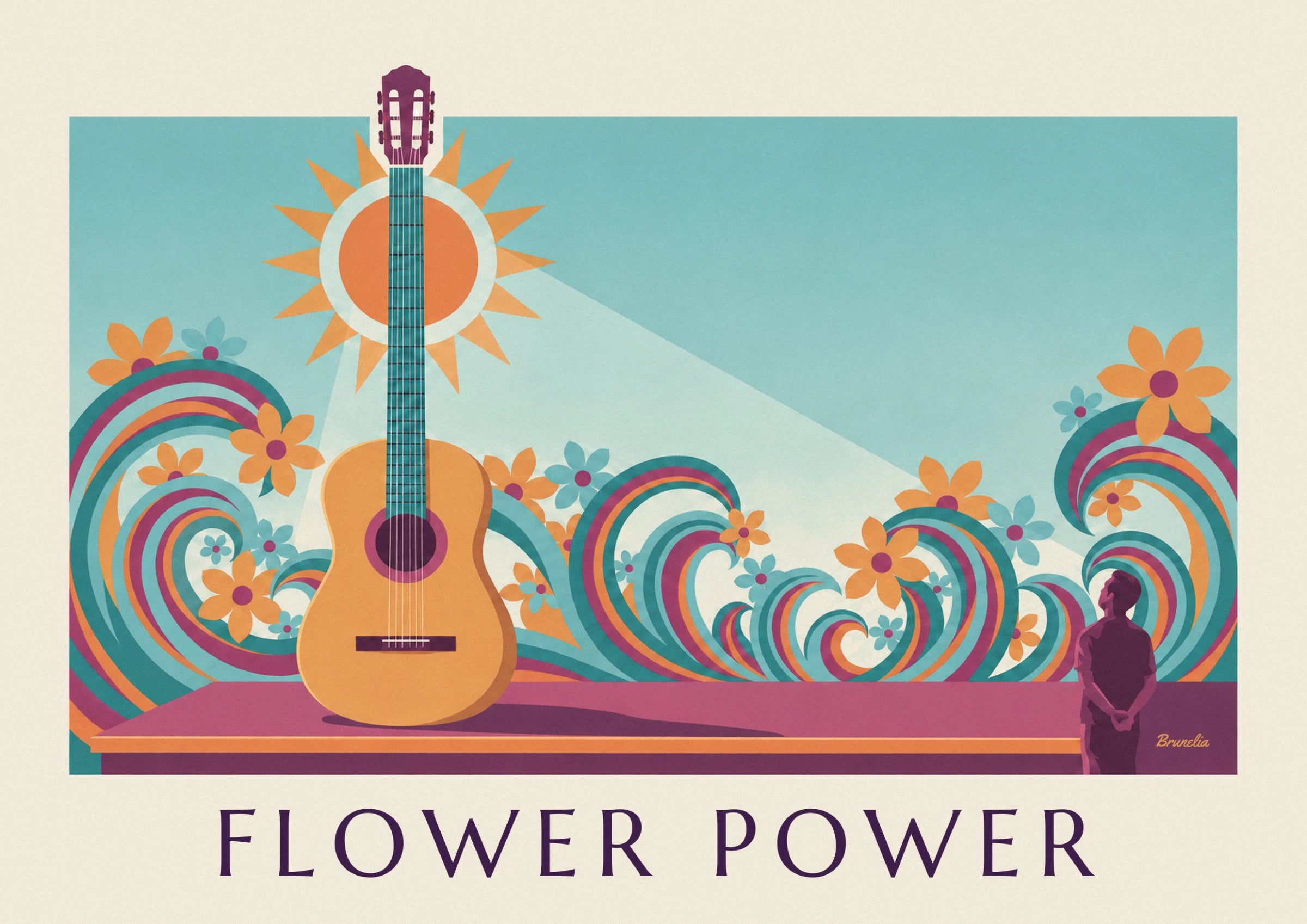 Die Akustikgitarre vor einer orangefarbenen Sonne, umgeben von Blumen und Wellen