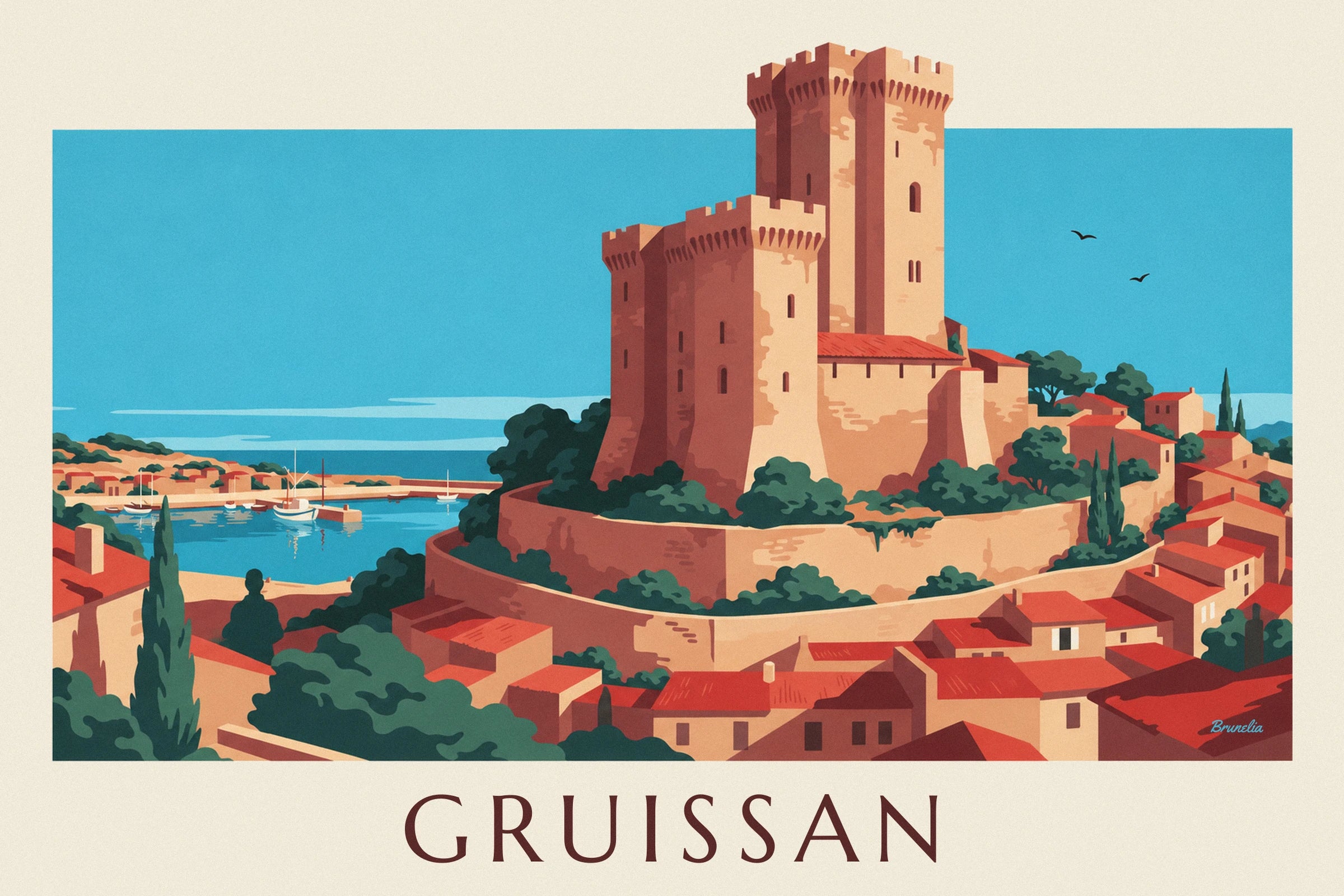 La tour crénelée de la forteresse en pierre ocre, sous un ciel bleu