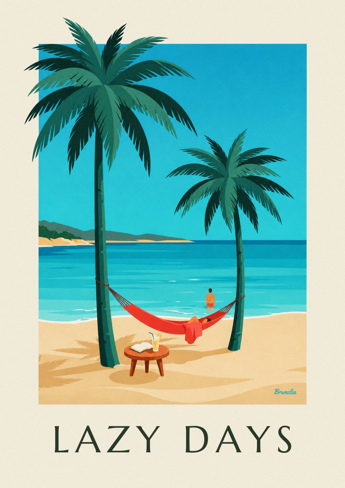 Poster Hängematte, Buch und Glas am Meer