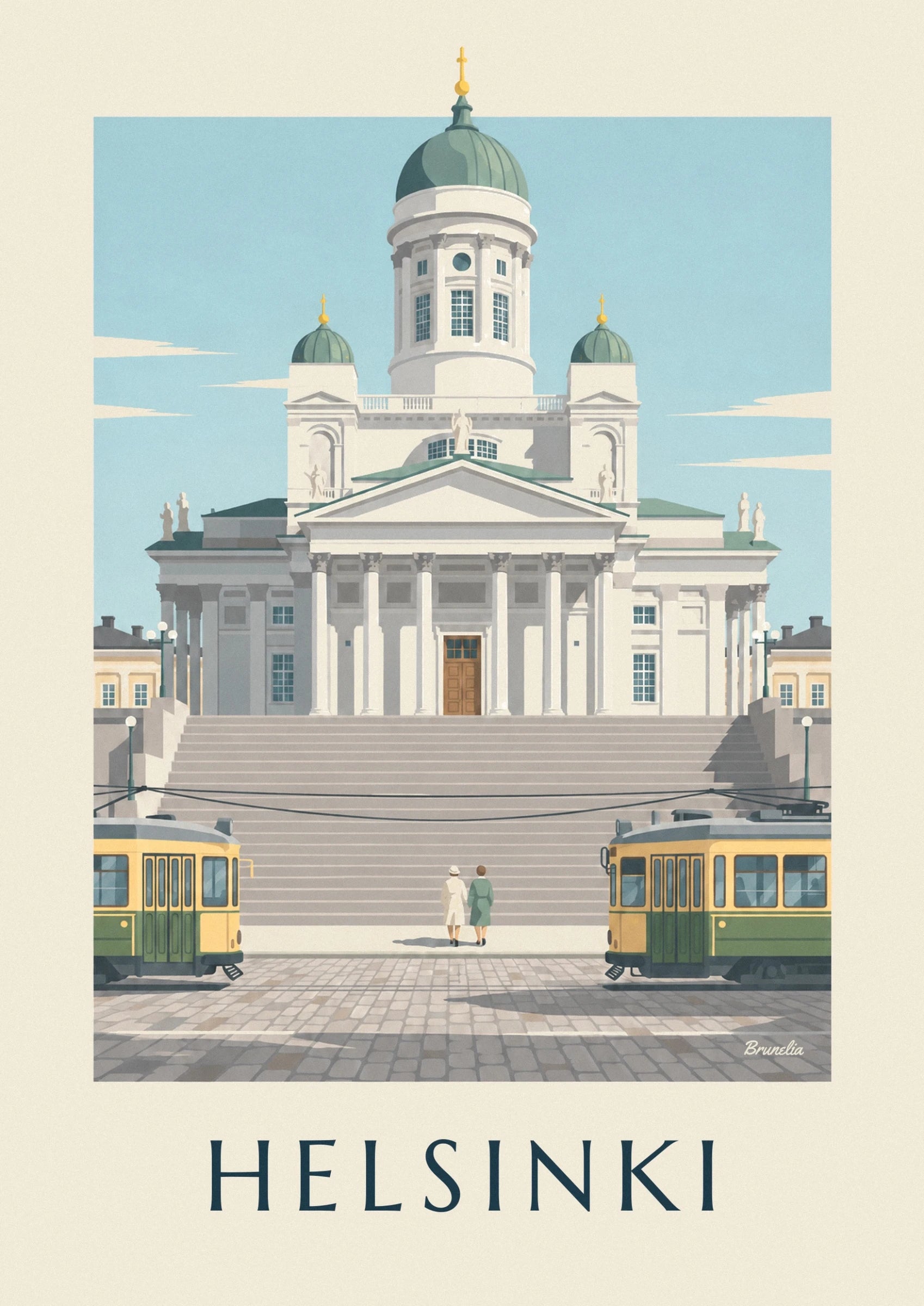 Die grüne Kuppel des Helsinkier Doms und ihre 2 kleinen Kuppeln mit goldenen Spitzen