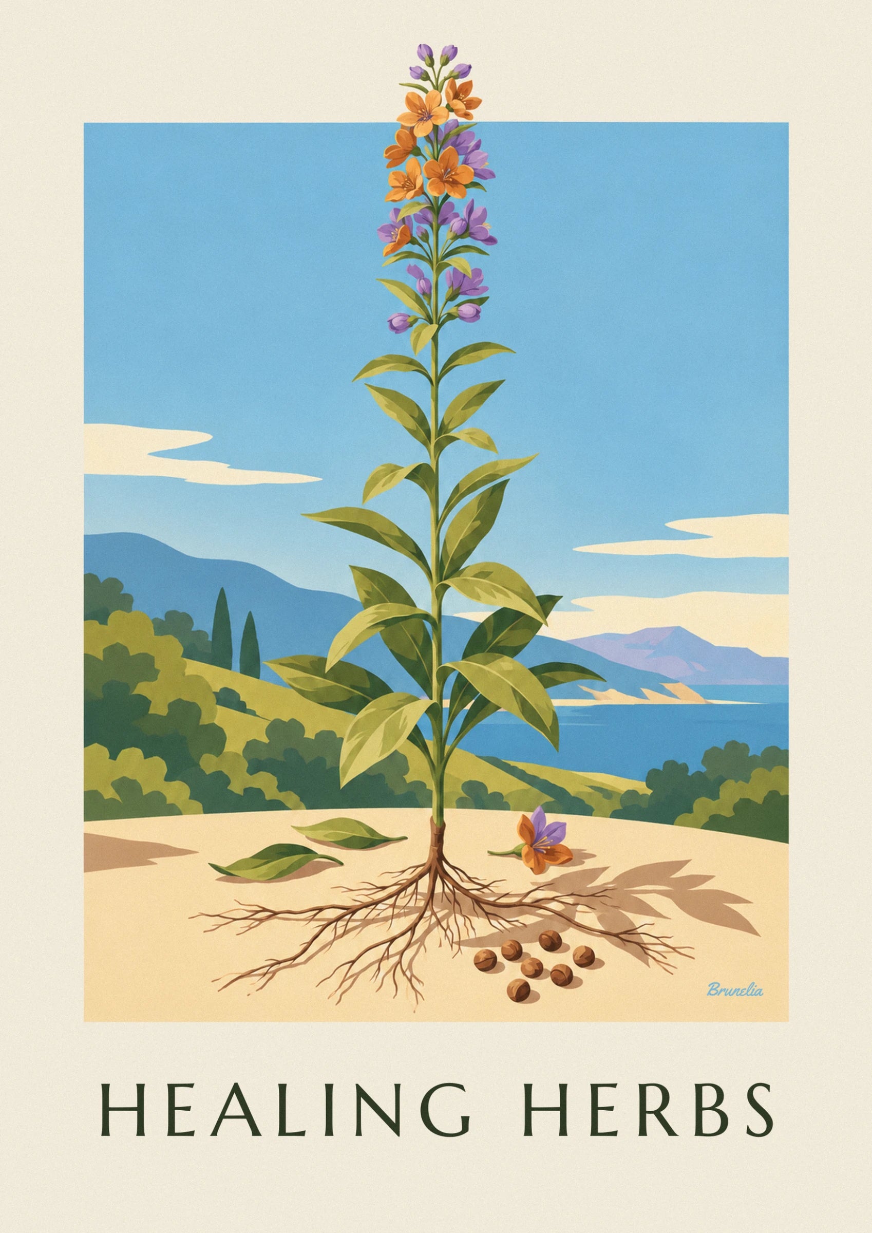 Tige fleurie aux fleurs orange et violettes, sur fond de ciel bleu