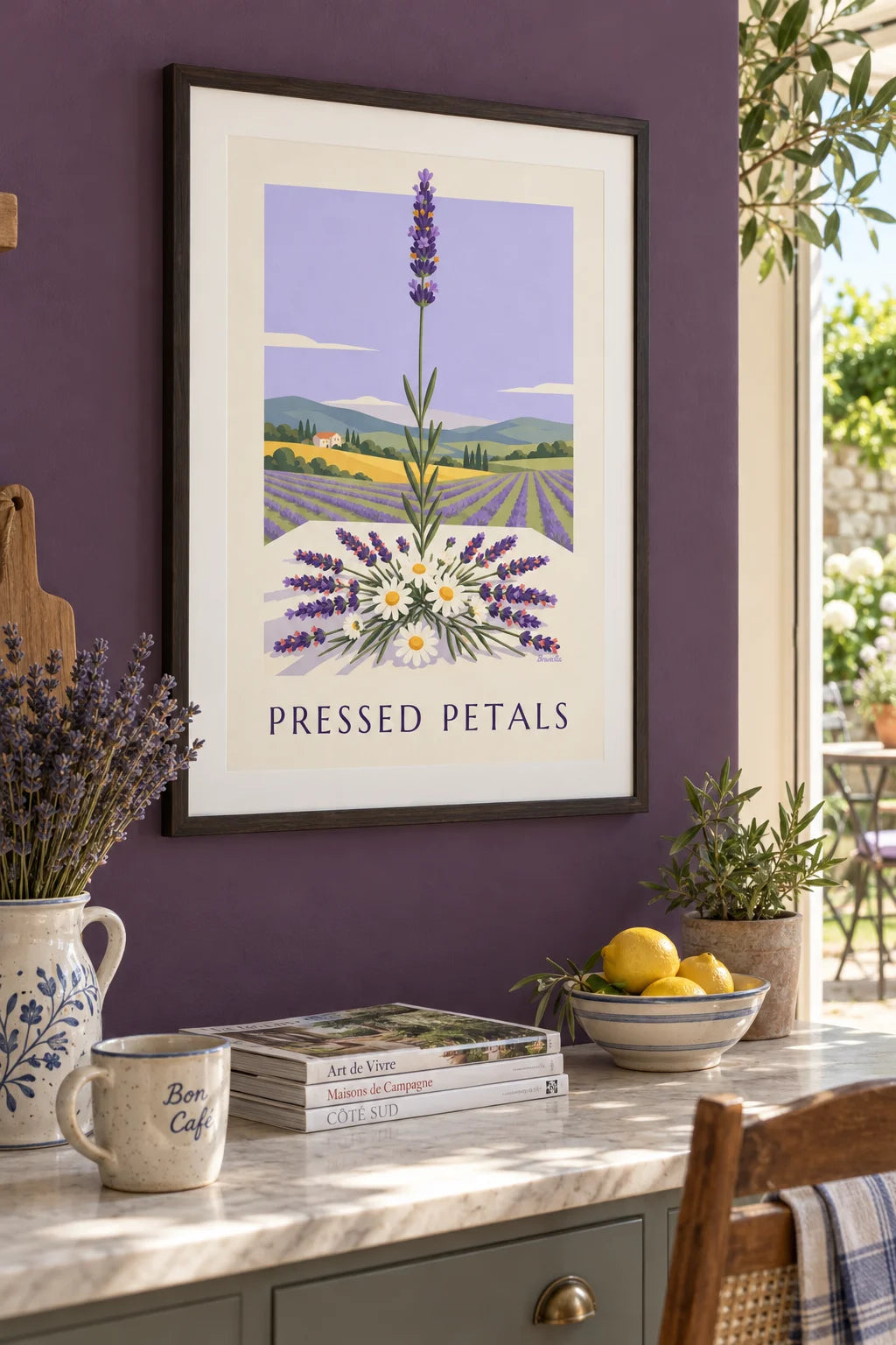 Pressed lavender and dried daisy herbarium poster on the wall