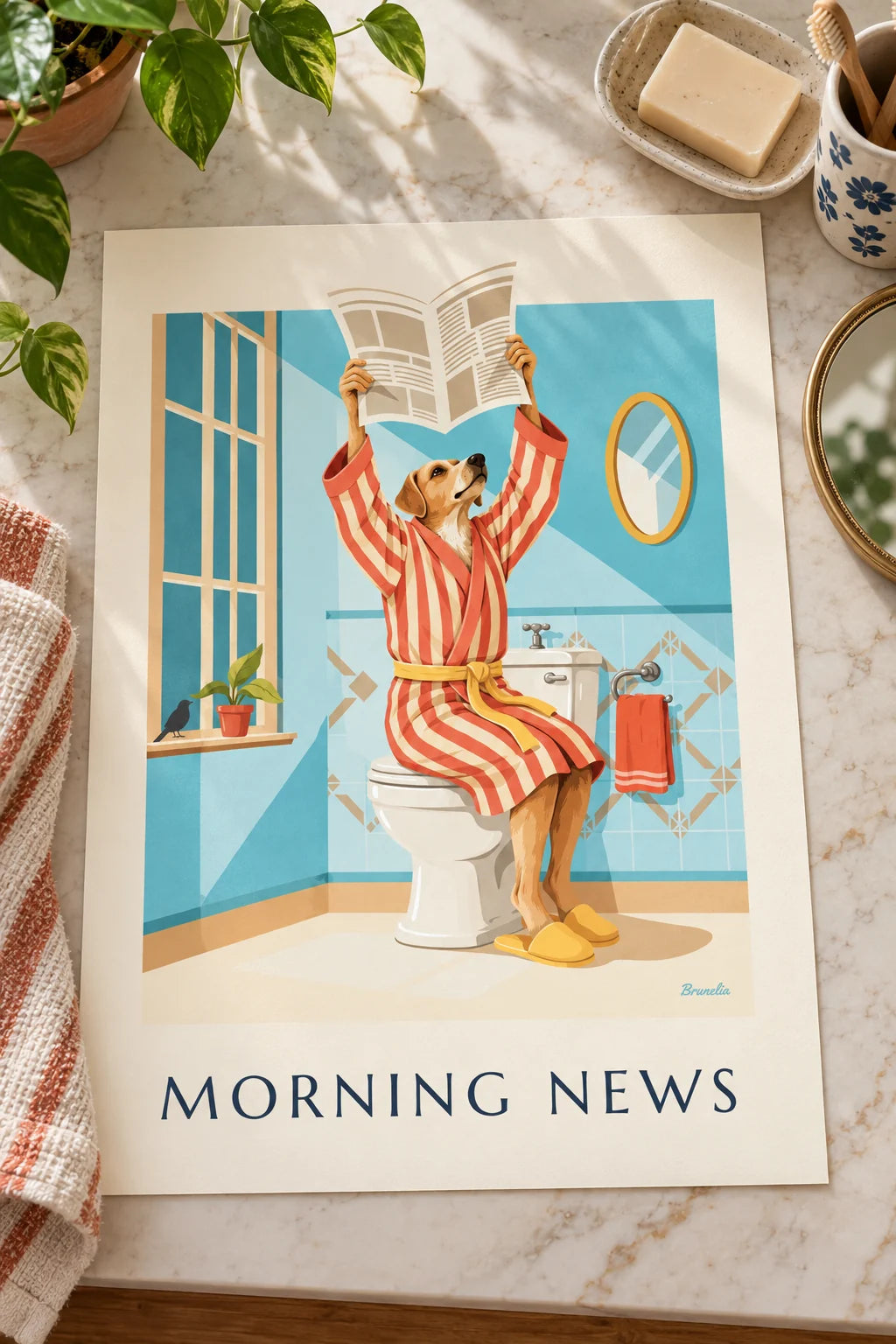WC: Poster Hund im Bademantel liest Zeitung auf der Toilette im Raum