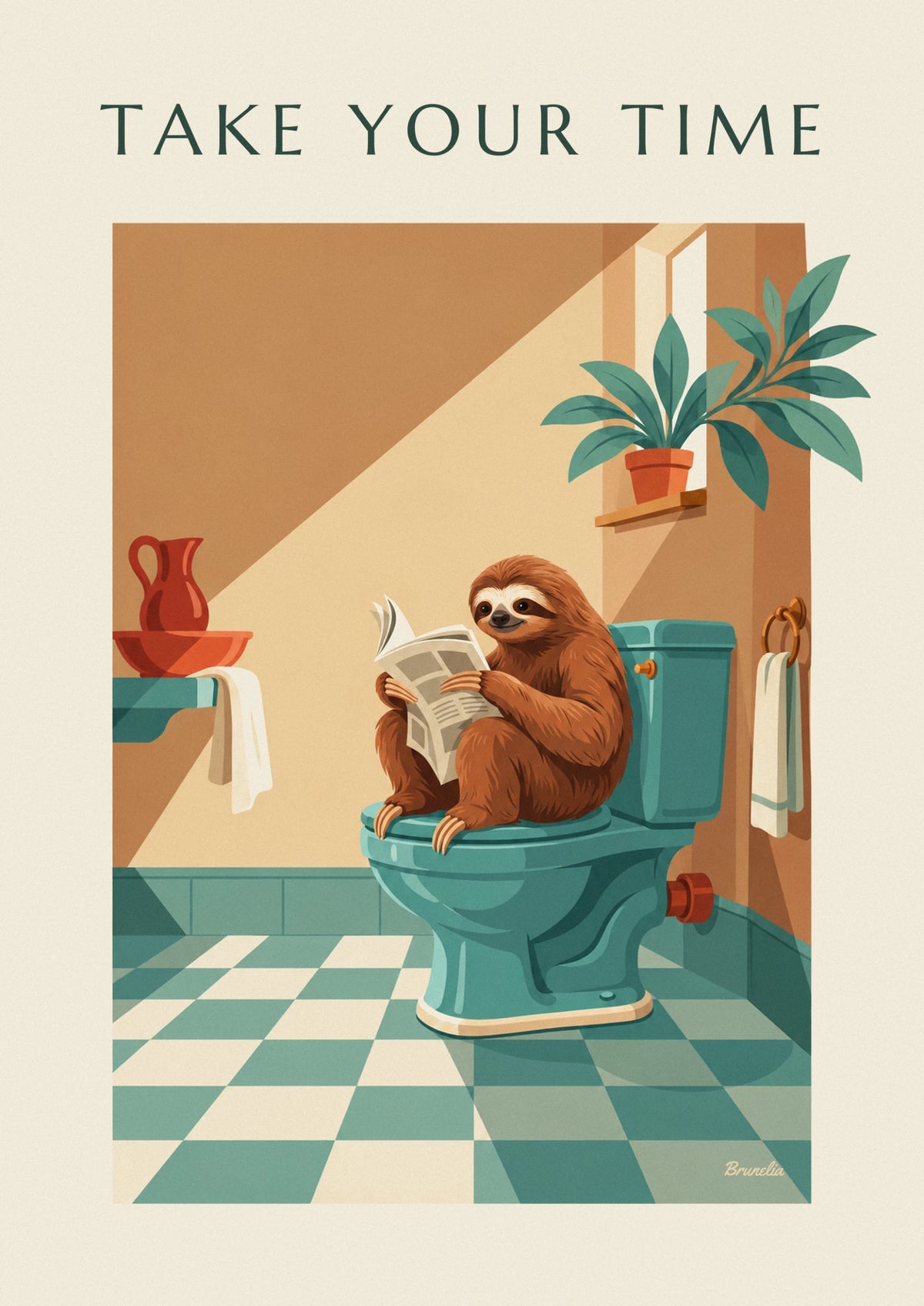 Funny sloth reading the newspaper on the toilet poster