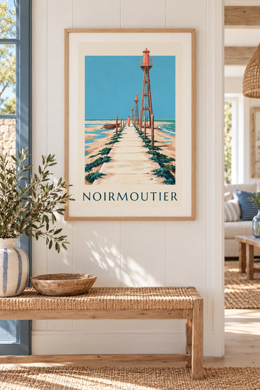 Affiche passage du Gois et barque à Noirmoutier à marée basse : encadrée au mur