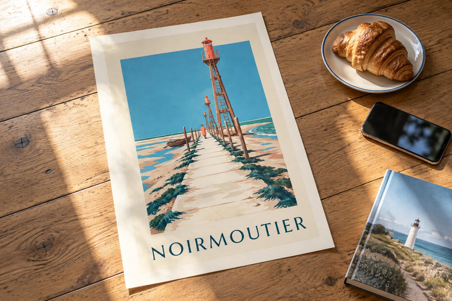 Poster Passage du Gois und Ruderboot auf Noirmoutier bei Ebbe: auf einem Tisch abgestellt