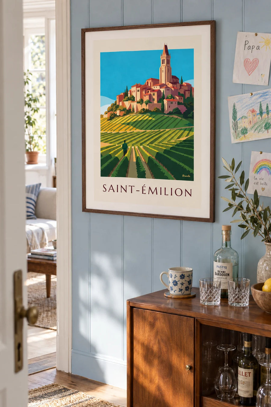 Poster Dorf Saint-Émilion mit seinen Weinbergen: gerahmt an der Wand