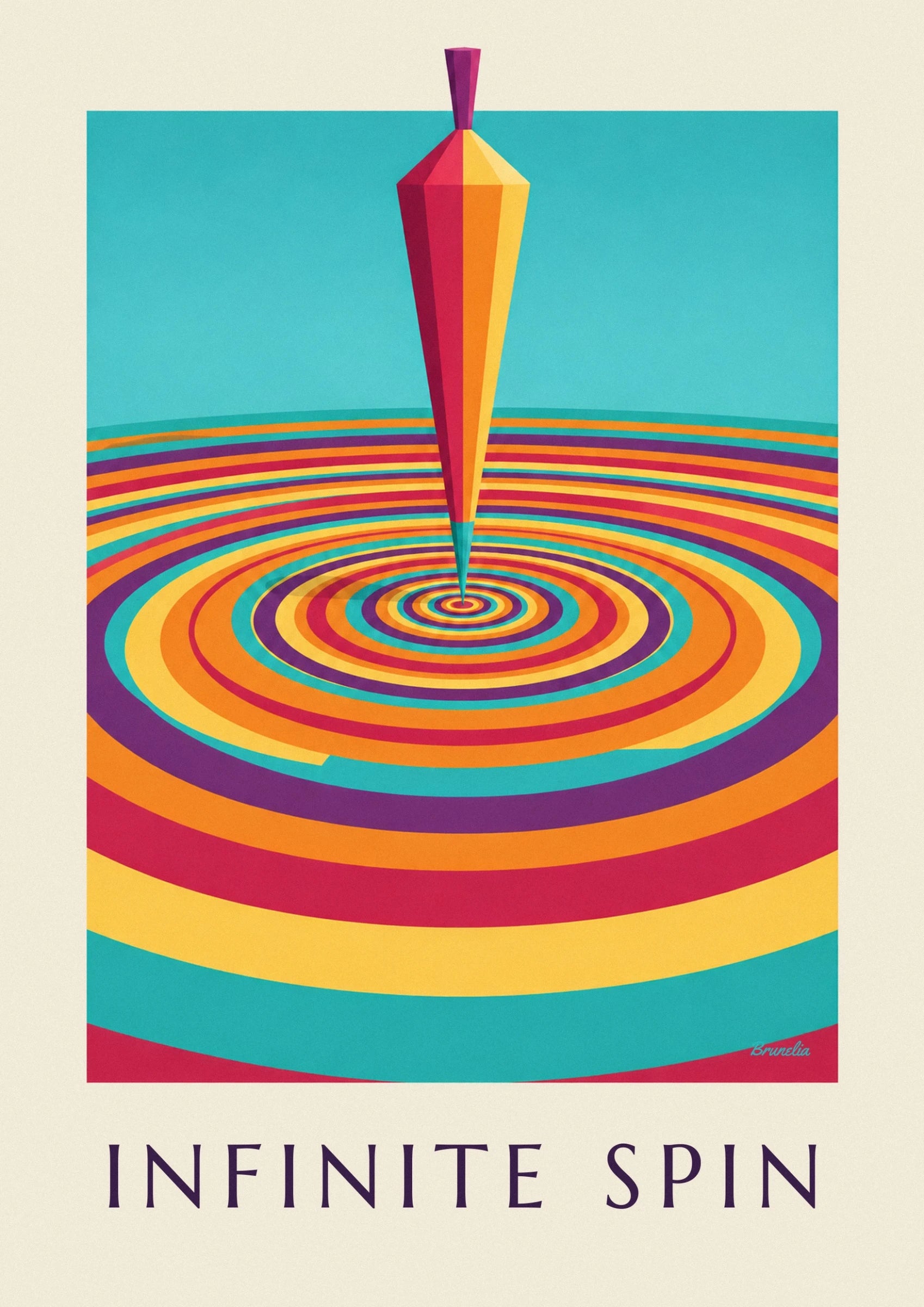 A slender red, orange and yellow spinning top at the centre of multicoloured spirals