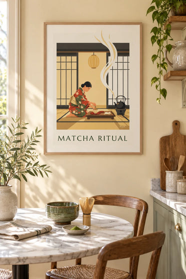 Affiche cérémonie du thé et bol de matcha au Japon : encadrée au mur
