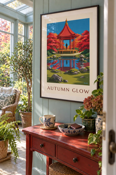Poster roter Pavillon und Herbstahorn in einem japanischen Garten: gerahmt an der Wand