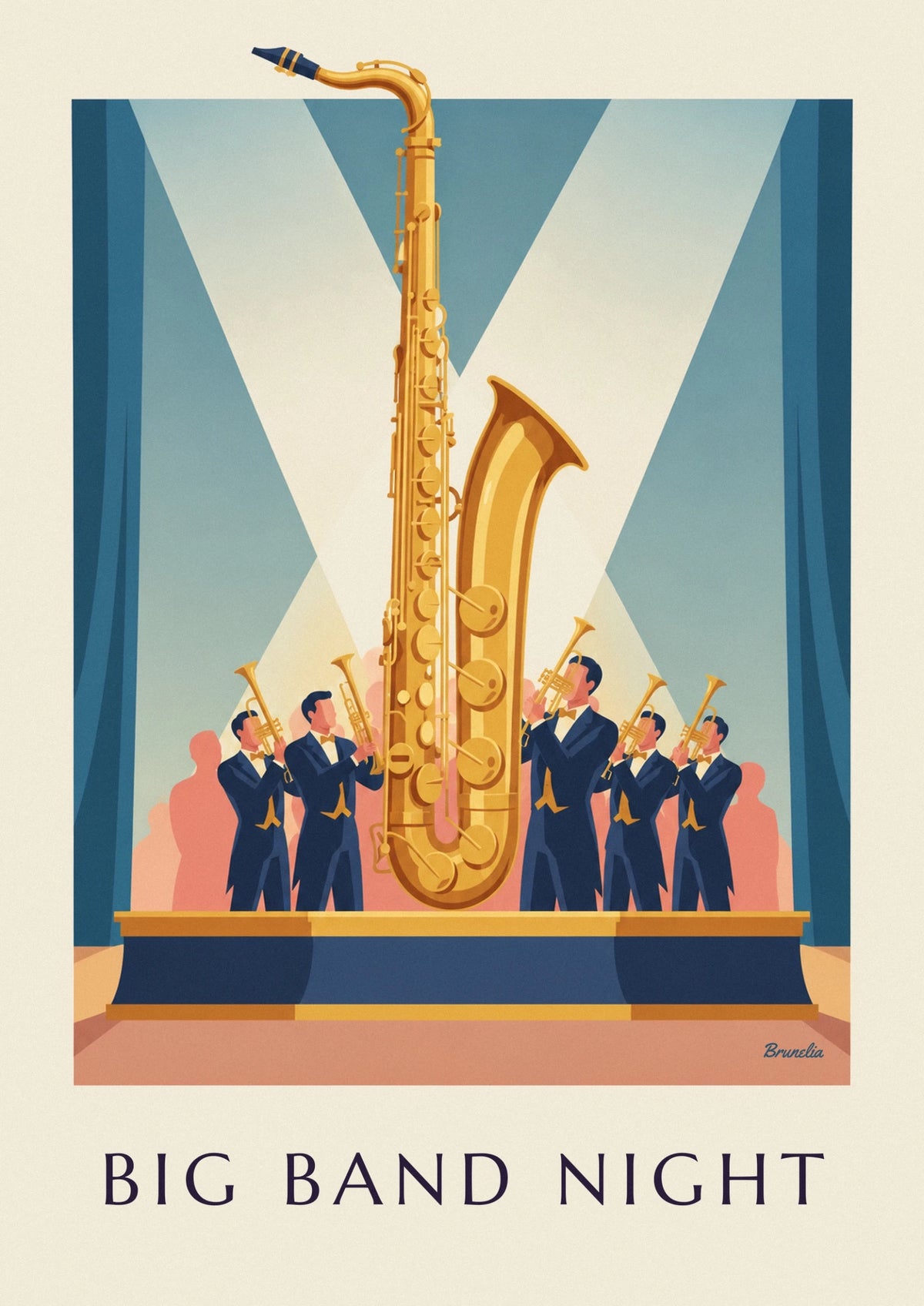 Poster Big-Band-Abend und goldenes Saxophon auf der Bühne