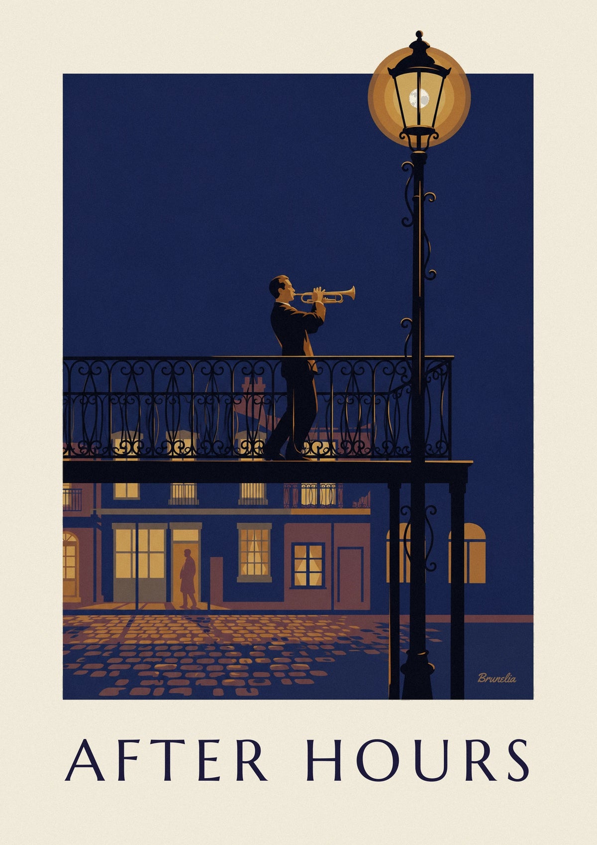 Jazz trumpeter on a wrought-iron balcony at night poster