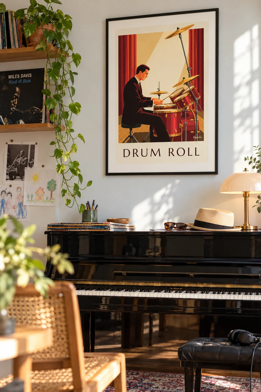 Wohnzimmer: Poster Jazz-Schlagzeuger im Anzug hinter seinem roten Schlagzeug im Raum