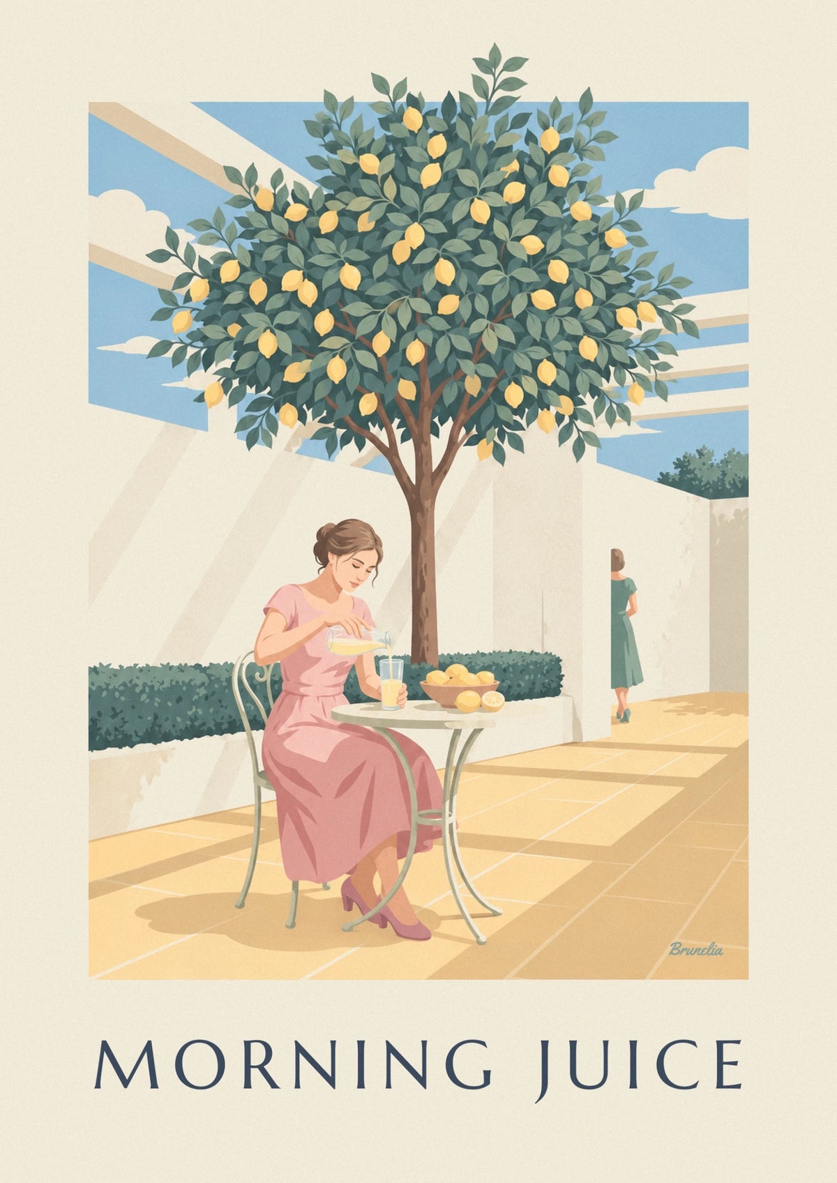 Poster Frau gießt Zitronensaft unter einem Zitronenbaum ein