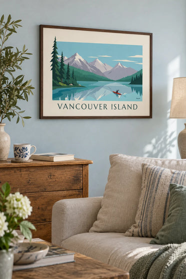 Poster Kajak auf einem See auf Vancouver Island: gerahmt an der Wand