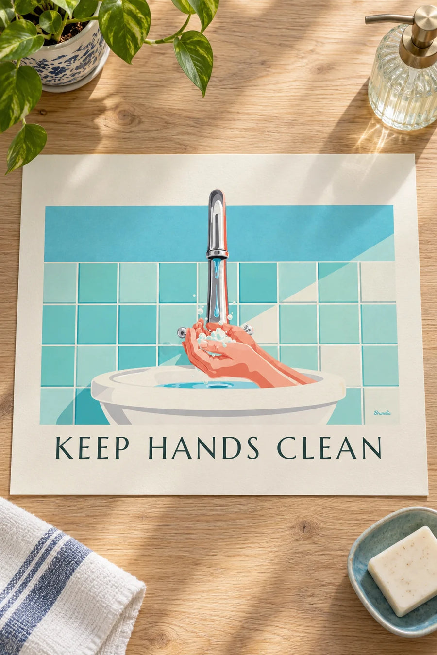 Poster „Keep hands clean“ zum Händewaschen: auf einem Tisch aufgestellt