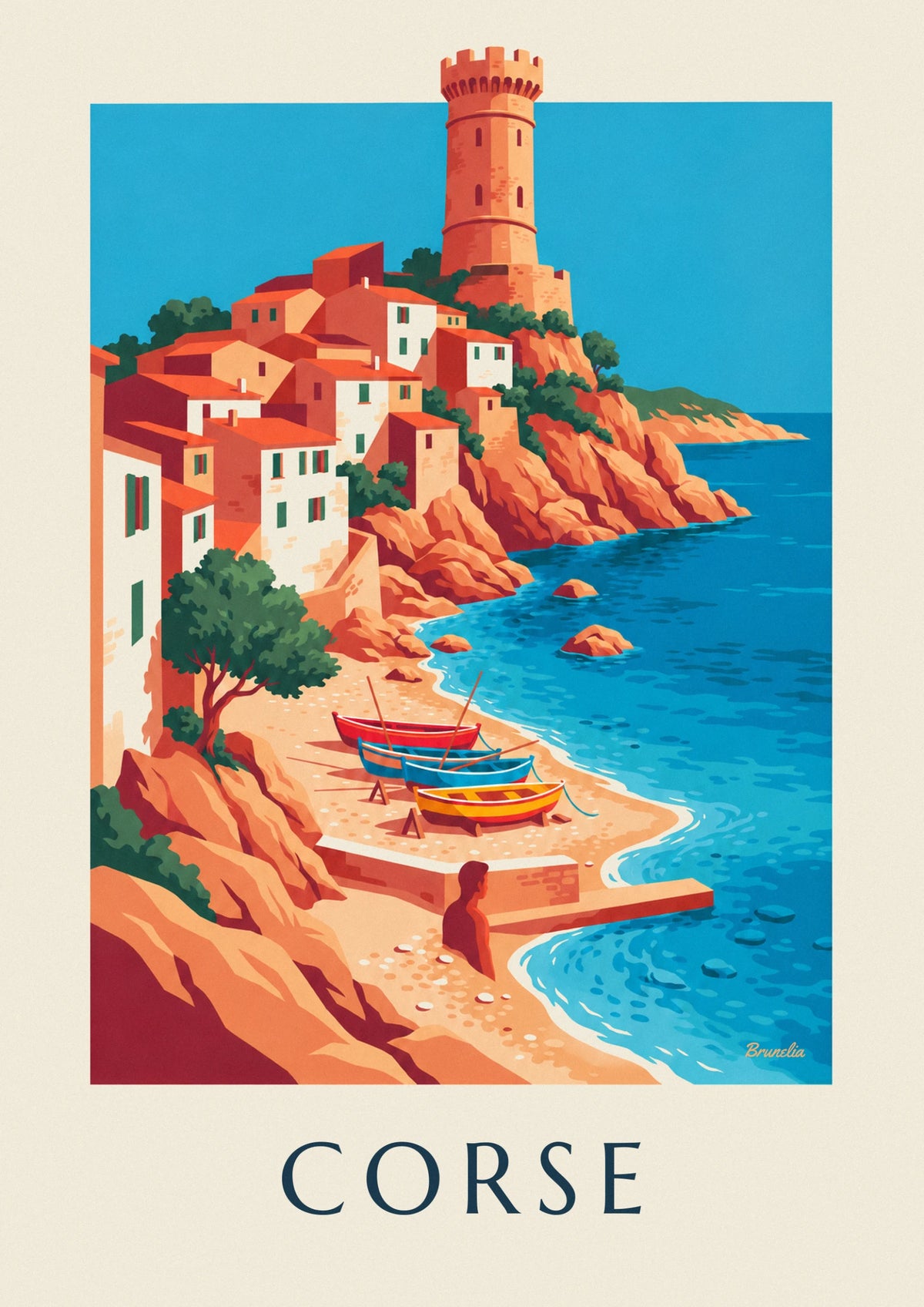Poster Küstendorf, Genueserturm und Boote auf Korsika