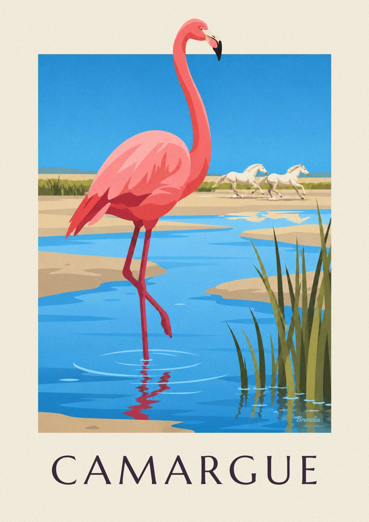Poster Flamingo und wilde Pferde in der Camargue